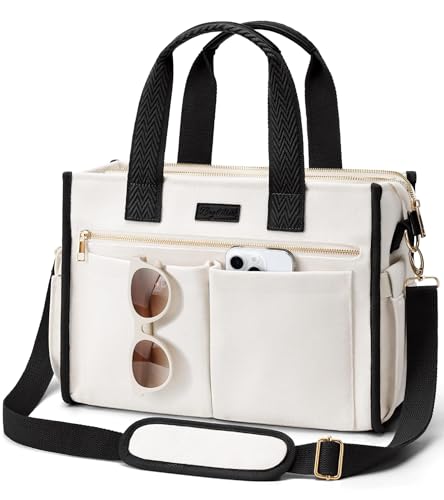 Canvas Tote Bag for Women, 15-Pockets Work Laptop Tote Purse Large Crossbody Nurse Teacher Bible Bag for School Travel Daily | with Strap & Zipper - color: M2.black & White, size: Medium-14inch