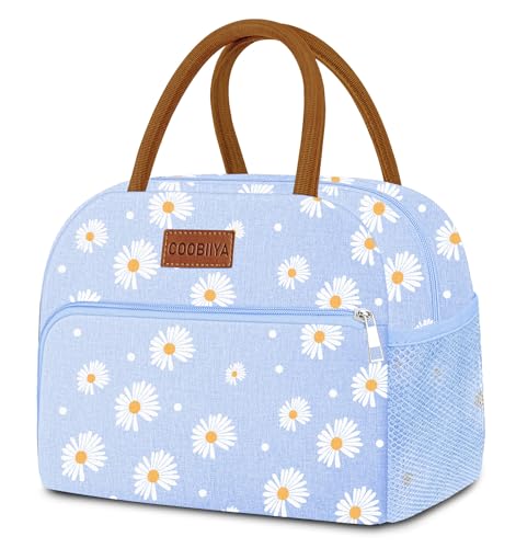 Coobiiya Insulated Lunch bag Women，Reusable Cute Lunch Box for Women | Large Capacity Lunch Tote Cooler Thermal Leakproof for Work Travel Picnic - color: Blue Daisy