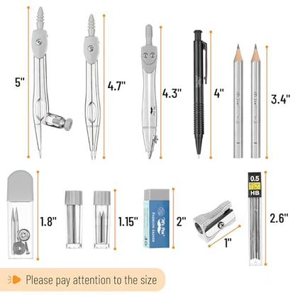 Mr. Pen- Geometry Set, 15 pcs, Light Grey, 6 Inch Swing Arm Protractor | Divider, Set Squares, Ruler, Compasses and Protractor - color: Light Grey