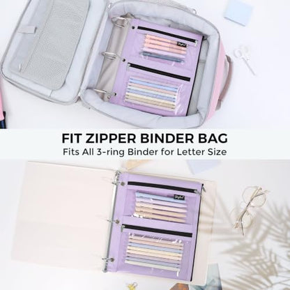 SKYDUE Pencil Pouch for 3 Ring Binder, 3 Compartment Zipper Pencil Case, Large Capacity Pen Organizer with Clear PVC Window for School Supplies, Students, Kids & Teachers - color: Purple