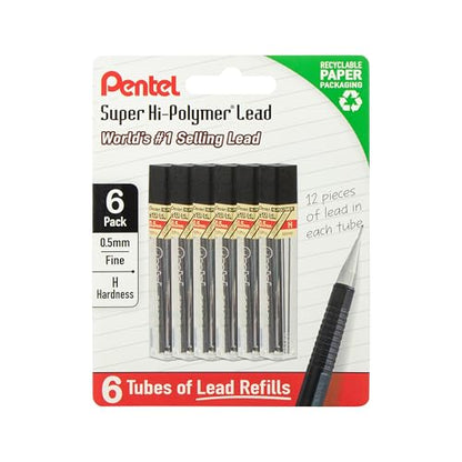 Pentel Super Hi-Polymer Lead Refills, 0.5 mm, H, 72 Pieces (12 pcs per tube, 6 tubes) - style: H