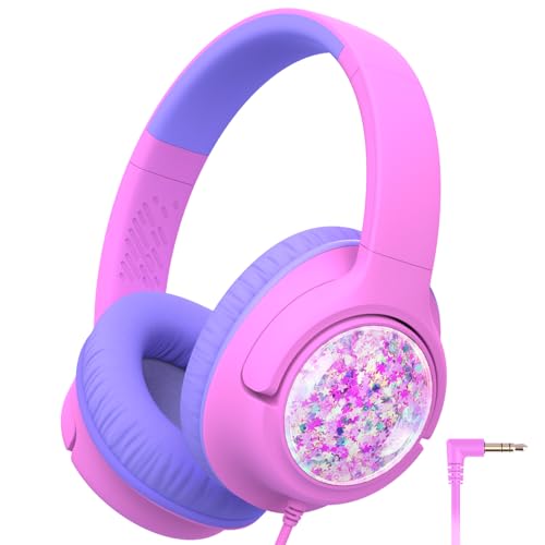 iClever Kids Headphones with Cord, 85dBA Safe Volume Wired Headphones for Kids, Stereo Sound Foldable Adjustable, 3.5mm Jack, Over Ear Child Headphone for School/Boys/Girls/iPad/Tablet/Travel - color: Pink Glitter