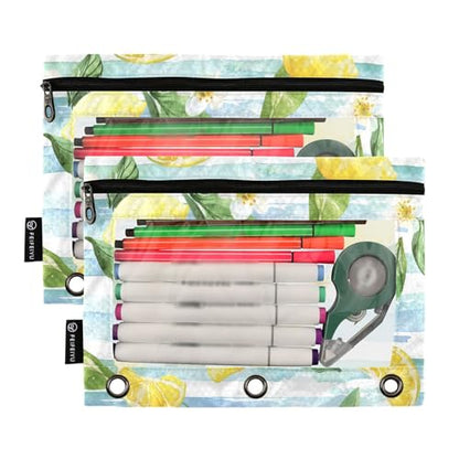 Fustylead Blue White Striped Lemon Floral Binder Pencil Pouch for 3 Ring, Pencil Pouches Bags with Zipper Clear Window for School Office Cosmetic Supplies, 2 Pack - color: Lemon