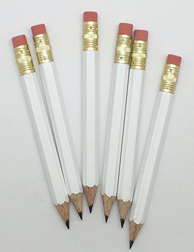 Half Pencils with Eraser - Golf, Pew, Short, Mini, Small, Non Toxic - Hexagonal, Sharpened, #2 Pencil, Color - White, Pkg of 36 Pocket Pencils™