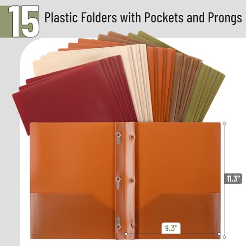 Mr. Pen- Plastic Folders with Pockets and Prongs, 15 Pack, Letter Size | Flexible Plastic Folders with Prongs - color: Autumn Earth Colors, size: 15 Pack
