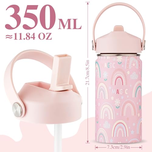 Kids Water Bottle with Straw Lid-12 oz Insulated Stainless Steel Thermal Cup, Leakproof Wide Mouth Sports Bottle Keeps Cold 12H & Hot 6H for Gym Office Outdoor - color: Rainbow