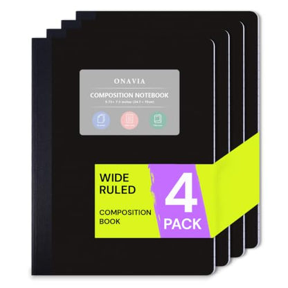 ONAVIA Plastic Composition Notebook Wide Ruled 4 Pack, 160 Pages, Black | 80 ct, 9.75 x 7.5 in, Poly Comp Books, Waterproof, Durable, Sewn Binding, School Notebooks, Students, Note Taking - color: Black, style: 4 Pack