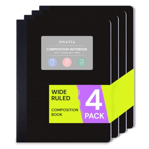 ONAVIA Plastic Composition Notebook Wide Ruled 4 Pack, 160 Pages, Black | 80 ct, 9.75 x 7.5 in, Poly Comp Books, Waterproof, Durable, Sewn Binding, School Notebooks, Students, Note Taking - color: Black, style: 4 Pack
