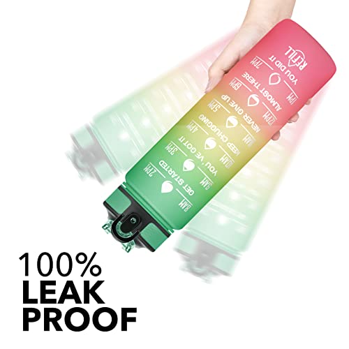 Hyeta Water Bottle with Straw & Time Marker, Plastic 32oz Leakproof | Motivational Tritan BPA Free Gym Office Outdoor Intake Tracker Hourly Reminder Straw Lid Carry Strap - color: Signal Lights