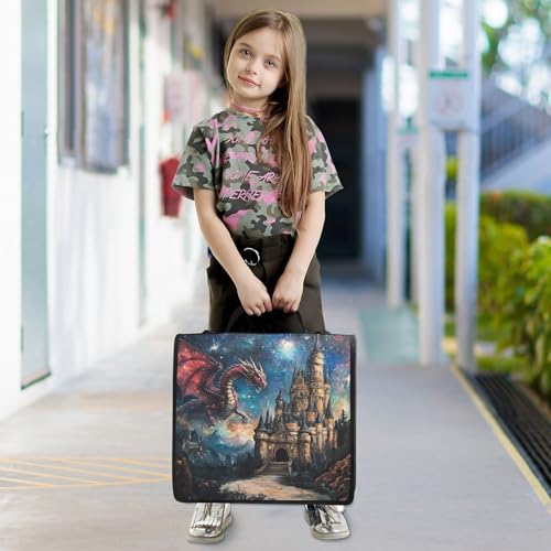 3 Ring Zipper Binder Dragon Castle Binder Organizer Portfolio with File and Shoulder Strap & Handle Large Capacity File Folder - color: Dragon Castle