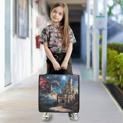 3 Ring Zipper Binder Dragon Castle Binder Organizer Portfolio with File and Shoulder Strap & Handle Large Capacity File Folder - color: Dragon Castle