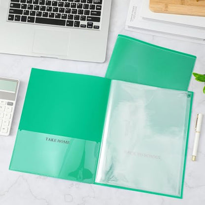 Henoyso 12 Pcs School and Home 2 Pocket Folders with 4 Clear Inner Pockets Plastic Heavy Duty Homework Folders Parent Teacher Communication for Student Home Office Classroom,11 x 9 Inch (Green) - color: Green