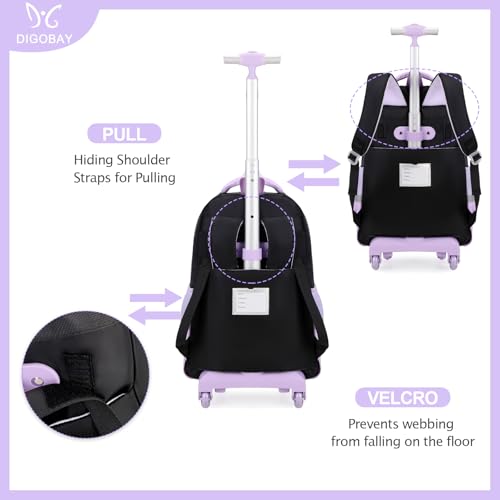 DIGOBAY Rolling Backpack for Girls, Cute Roller School Bag with Wheels, Kids Wheeled Backpacks Set with Lunch Bag Pencil Case for Teen Girls Kindergarten Elementary Middle School - color: Black-purple