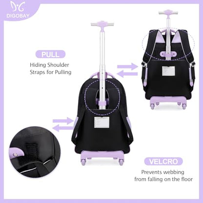 DIGOBAY Rolling Backpack for Girls, Cute Roller School Bag with Wheels, Kids Wheeled Backpacks Set with Lunch Bag Pencil Case for Teen Girls Kindergarten Elementary Middle School - color: Black-purple