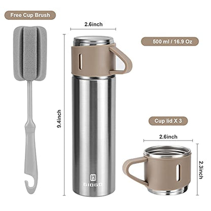 Stainless Steel Thermo 500ml/16.9oz Vacuum Insulated Bottle with Cup for Coffee Hot drink and Cold drink water flask.(Brown,Set) - color: Brown (Set), size: 16.9 Ounces