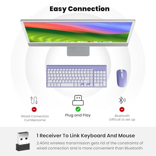 cimetech Wireless Keyboard and Mouse Combo, Compact Full Size Wireless Computer Keyboard and Mouse Set 2.4G Ultra-Thin Sleek Design for Windows, Computer, Desktop, PC, Notebook - Purple - color: Purple White