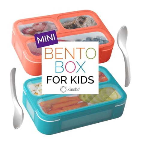 Small Snack Containers for Kids Toddlers - 3 Compartments (Set of 2) - Leak-Proof Reusable Boxes with Lids -BPA-Free Plastic Mini Bento Lunch Box - Ideal for School, Daycare, Holds 2 Cups (Coral+Blue) - color: Coral + Blue 2 pk