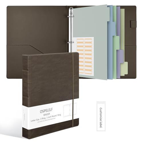 Ospelelf Vintage Hardcover 3 Ring 1 inch Leather Binder, Professional Binders Organizer Suitable for Letter Size Documents, Binder Dividers with Tabs, Light Brown - color: Light Brown, size: Letter Size - 1 Inch Ring
