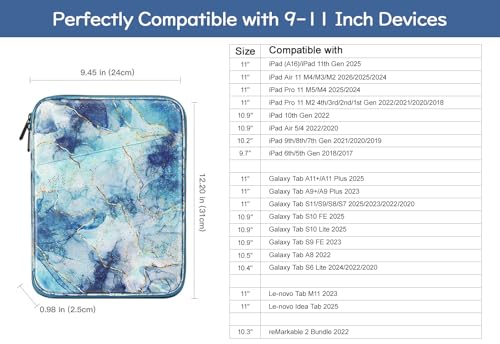 Dadanism 9-11 Inch Tablet Sleeve Bag Carrying Case, Marble Blue | Fits iPad (A16) 11th Gen 11", iPad 10th Gen 10.9" Air 5/4, iPad Air M4/Pro 11", iPad 9/8/7th 10.2", Galaxy Tab A11+ Plus 11" - color: Marble Blue, size: 9-11 inch
