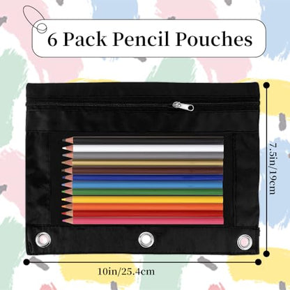 Pencil Pouch for 3 Ring Binder, 6 Pack Black Zipper Pencil Pouches, Clear Window Pencil Case for Binder, 3 Hole Pen Pouch Bulk, Pencil Bag with Grommets for College Office Supplies - color: Black