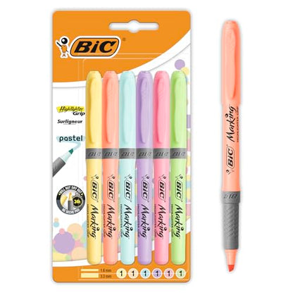 BIC Highlighter Grip Pastel, Highlighter Pens with Adjustable Chisel Tip, Rubber Grip for Extra Comfort, Assorted Colours, Pack of 6