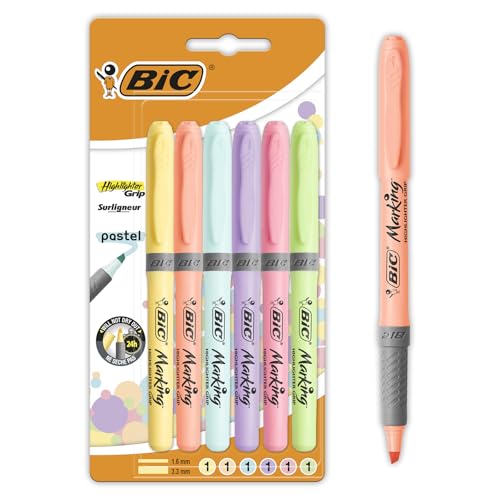BIC Highlighter Grip Pastel, Highlighter Pens with Adjustable Chisel Tip, Rubber Grip for Extra Comfort, Assorted Colours, Pack of 6