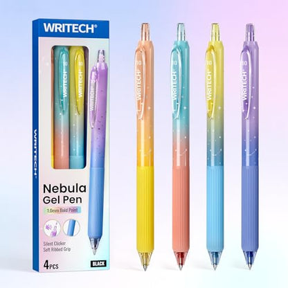 WRITECH Gel Pens Bold Point: 1.0mm Black Ink Retractable 4ct Smooth Writing with Aesthetic Gradient Color Barrel for Journaling Note Taking Silent Click No Smear Nebula Pen Set - color: Black 4