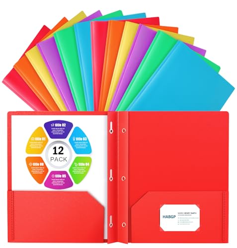 HABGP 12 Folders with Pockets and Prongs, 2 Pocket 3 Prong Folders with Business Card Holder, Plastic Heavy Duty File Folders for Documents Business Office School Supplies, 12 Pack 6 Bright Colors - size: 2 set (12 pcs)