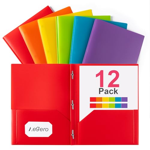 Aegero Folders with Pockets and Prong with Fasteners (12 Pack,Purple),Durable Plastic Pocket Folders with Prongs,Tear Resistant,2 Pocket 3 Prong Folders for Schoolwork & Office,Letter Size - color: Rainbow, size: 1 Set（12pack）