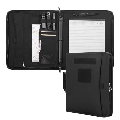 Kosibate Tactical Padfolio Portfolio Binder with Zipper and 25 Sheets of Letter Size Paper,Notebook Cover,Tactical Notebook with Zippered for Folders,Detachable 3-Ring Binder(A4,Black,13.5X 11.5Inch) - color: Black