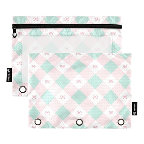 Pencil Pouch for 3 Ring Binder Cute Bow Pink Green Checkered 2 Pack Clear Window Pencil Bags with Zipper Pencil Case - color: Multicolored 20