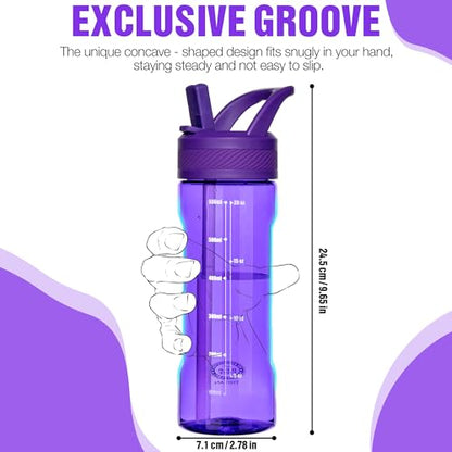 OLDLEY 20oz Kids Water Bottle with Straw, BPA-Free Tritan Water Bottle for School, Leakproof Clear Water Bottle with One Click Open, Measurement Scale, Cup Holder Friendly for Boys Girls,Deep Purple - color: Deep Purple