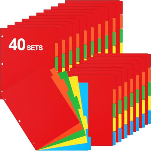 Thenshop 40 Sets/200 Pack Binder Dividers, Letter Size 9 X11.5 Inch 5 Tab Dividers for 3 Ring Binder Writable Index with Big Tab for School Office Home Organization(Mix Color)