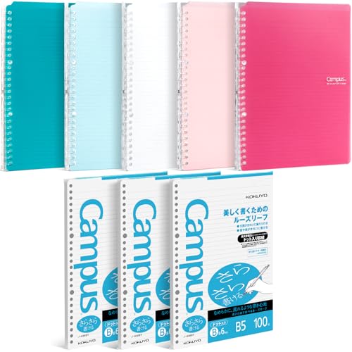 KOKUYO Campus Smart Ring Binders 5 Pack, B5 Binder Notebooks, 60 Sheets Capacity, 26 Holes Slim Binder Folder and 300 Sheets Campus Loose-leaf Paper for Work, Study and Journal