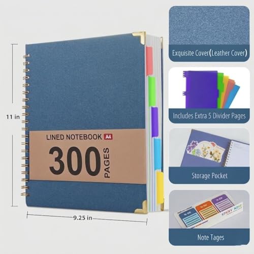 Hardcover Leather Spiral Notebook 8.5" x 11" with Removable Dividers, 300 Pages 5 Subject College Ruled Notebook for Work with Tabs, A4 Spiral Journal for Women Men, School Students Note Taking, Navy - color: 5 Subject Navy