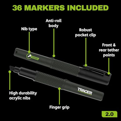Tracer 2.0 Pack of 36 Chisel Tip Permanent Markers Black - Bulk Wide Tip Black Markers for Adults Carpentry and Construction Markers - Thick Wide Chisel Tip Marker Pens - 100 Hour Cap Off Time - size: 1 Count (Pack of 36)