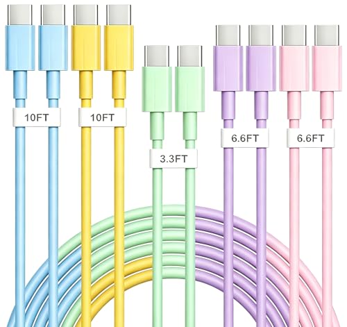 USB C to USB C Cable 5-Pack, Type C Cord | for iPad, iPhone 17 16 15 Pro Max, Galaxy S25/S24 USBC to USBC Cable[10/10/6.6/6.6/3.3FT] - color: blue+yellow+green+purple+pink