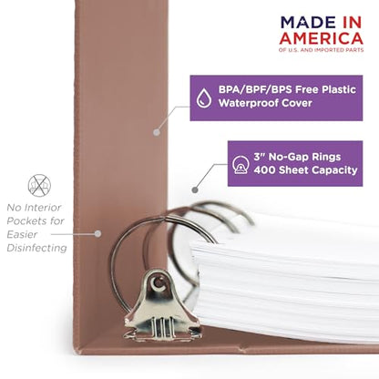 Carstens 3-Inch Heavy Duty 3-Ring Binder - Side Opening, Dusty Rose, Durable Plastic, Precision No-Gap Rings, Waterproof Cover, No Pockets, Holds 400 US Letter Sheets, BPA-Free, Made in USA (1746-3R) - color: Mauve, size: Case of 14