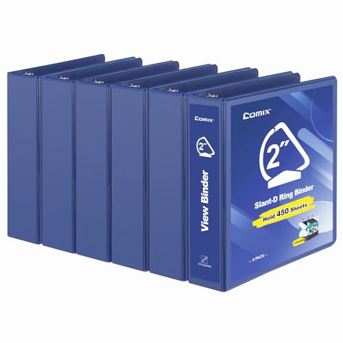 COMIX Sturdy 3 Ring Binder 2 inch with Clear View Cover, 2" Slant-D Ring View Binder Holds 500 Sheets of US Letter Size Paper, 6 Pack (Blue) - color: Blue, size: 2 inch