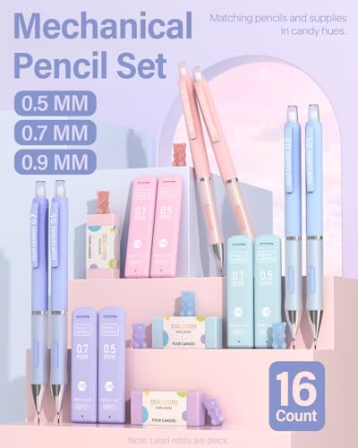 Four Candies Cute Pastel Mechanical Pencil Set, 0.5/0.7/0.9mm, 6 Pack | 360 Lead Refills, 3 Erasers, 9 Eraser Refills, Storage Case, Non-Slip Grip, Fine to Bold Lines for Writing & Drawing - style: 0.5mm+0.7mm+0.9mm