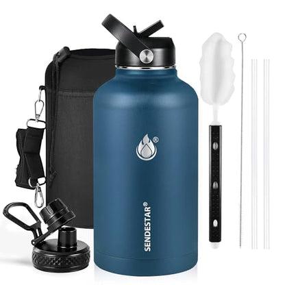Insulated Water Bottle 64 oz, Triple Wall Vacuum Stainless Steel Water Bottles (Cold for 48 Hrs), Leak Proof & Non-BPA, Half Gallon Water Flask Jug Wide Mouth Straw Lid & Spout Lid - color: Cobalt, size: 64 Ounces