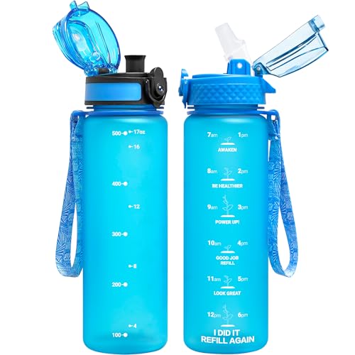 OLDLEY Kids Water Bottle for School, 17 oz (2 lids) BPA-Free Reusable Leak-proof Durable Tritan Plastic Water Bottles with Straw & Chug Lids, Anti-dust Spout Cover (Blue) - color: A-Blue, size: 16.9 Ounces