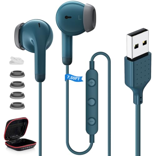 ASKUBSKU USB Headphones with Microphone for PC 7.5Ft Cable, Blue | USB Earbuds for Computer, USBA Headset Wired with Mute Magnet Stereo Call Cord Laptop Earphones for Dell/Surface/Switch - color: Blue