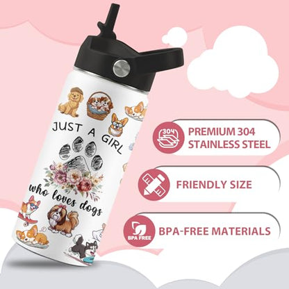 Dog Lover Gifts for Girls, 16 oz Water Bottle with Straw Lid, Stainless Steel Insulated Dog Water Bottle, Cute Puppy Tumbler for School Travel Outdoor - color: Dogs