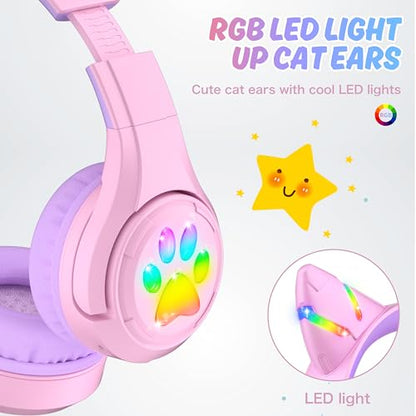 Riwbox CF9 Cat Ear Kids Bluetooth Headphones with LED Light Up,Safe 85dB Volume Limit,Built-in Mic&Boom Mic for Calls,Kids Wireless&Wired Headphones for Tablet/Airplane/School/Online Learning (Purple) - color: Purple