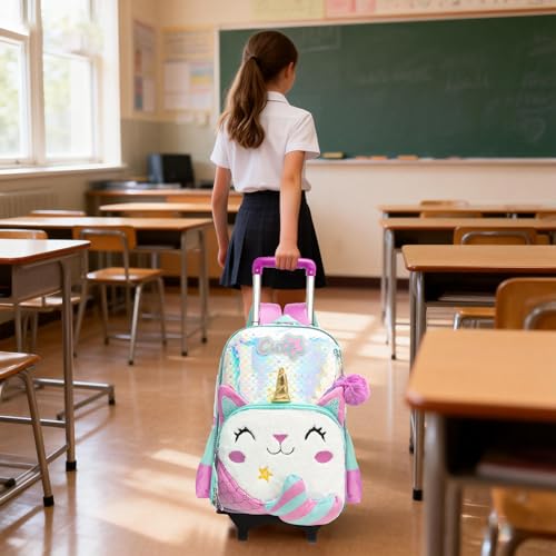 Meetbelify Girls Cute Backpack with Wheels for Elementary Students Kids Black Travel Luggage - color: Mermaid
