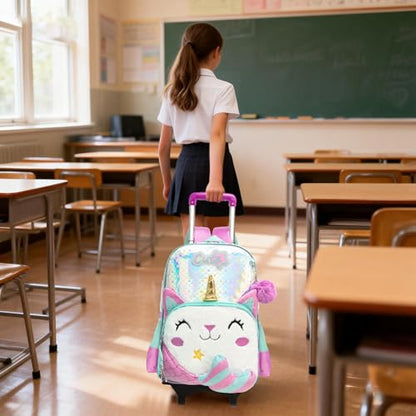 Meetbelify Girls Cute Backpack with Wheels for Elementary Students Kids Black Travel Luggage - color: Mermaid
