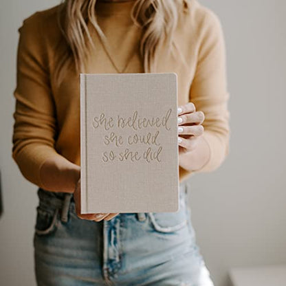Sweet Water Decor Cute Motivational Lined Composition Notebook for Women, 100 Ruled Pages for Writing, Diary with Fabric Inspirational Cover (Tan She Believed She Could) - style: Tan She Believed She Could