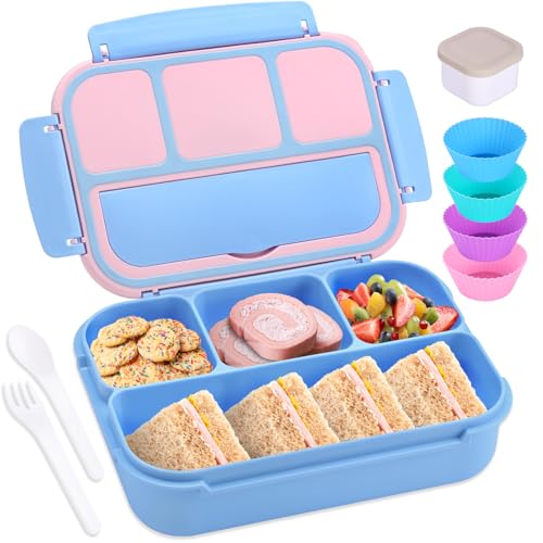 shell and turtle Bento Box Adult Lunch Box, Lunch Containers for Kids Girls Boys with 4 Compartments, Lunchable Food Container with Utensils, Sauce Jar, Muffin Liners, 40 Oz/5 Cup, Blue Pink - color: Blue Pink