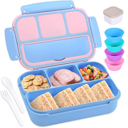 shell and turtle Bento Box Adult Lunch Box, Lunch Containers for Kids Girls Boys with 4 Compartments, Lunchable Food Container with Utensils, Sauce Jar, Muffin Liners, 40 Oz/5 Cup, Blue Pink - color: Blue Pink